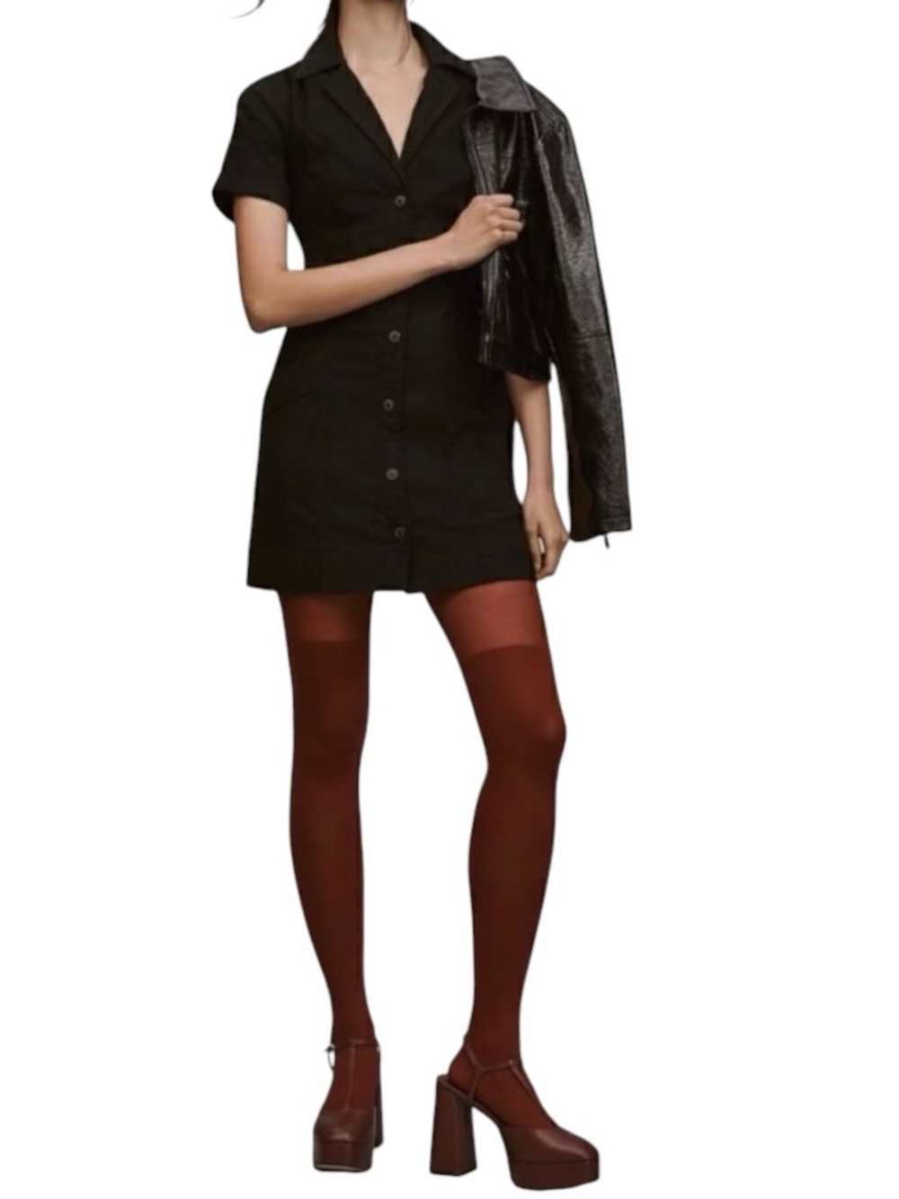 Maeve Short-Sleeve Collared Mini Shirt Dress Size Large EUC Black Anthropologie